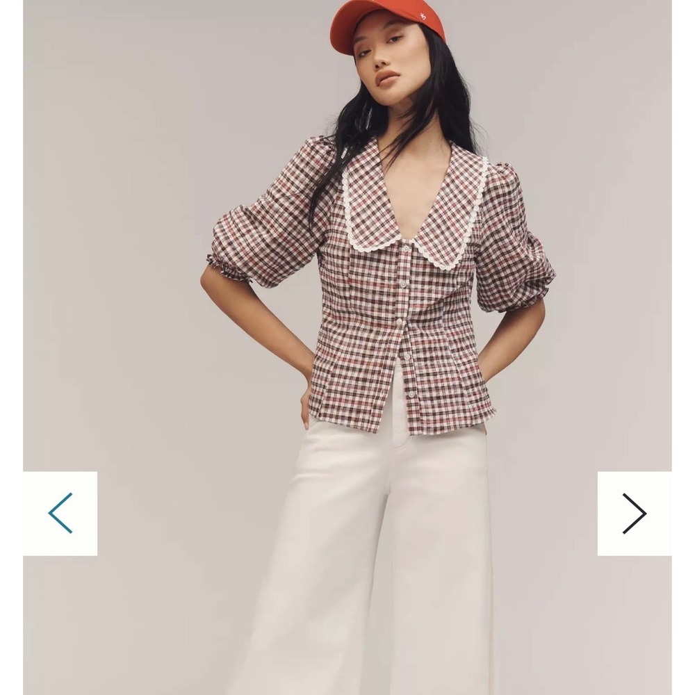 Maeve Gingham Plaid Blouse Women L Brown Cottagecore Peter Pan Collar prairie